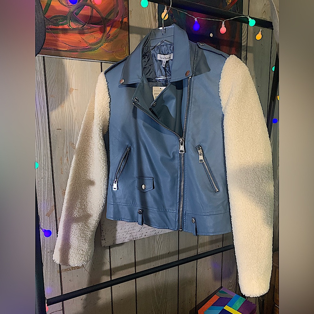 Women’s Leather Moto Jacket - Love Tree
Blue & Cream
Medium
New With Tags
